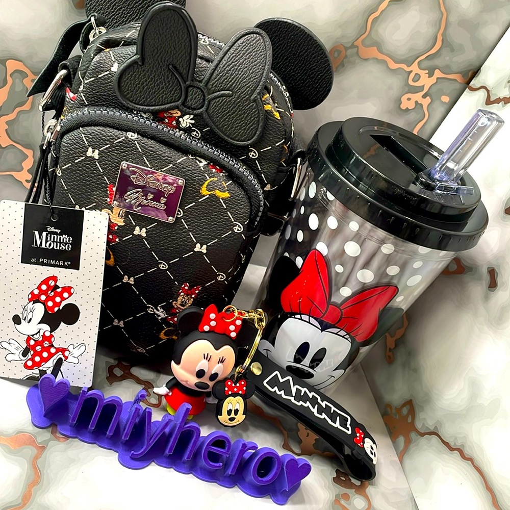 Disney Primark Minnie Mouse Camera Bag with Disney Minnie tumbler and Keychain